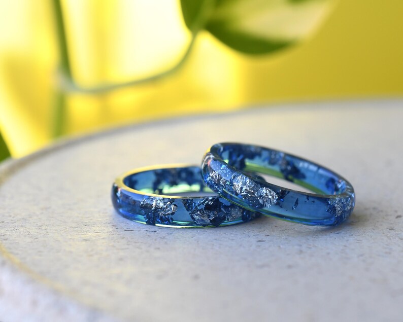 Navy Blue Ring with Silver Accents - Stacking Blue Resin Ring for Him - Unisex Blue Ring Silver Leaf
