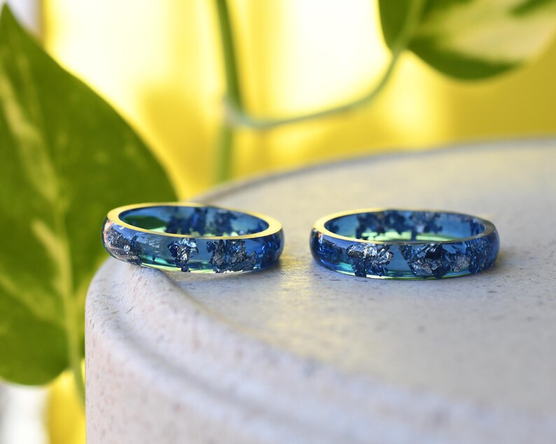Navy Blue Ring with Silver Accents - Stacking Blue Resin Ring for Him - Unisex Blue Ring Silver Leaf