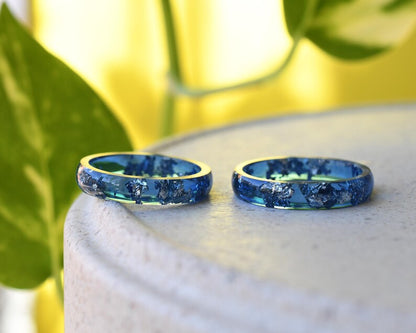 Navy Blue Ring with Silver Accents - Stacking Blue Resin Ring for Him - Unisex Blue Ring Silver Leaf