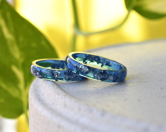 Navy Blue Ring with Silver Accents - Stacking Blue Resin Ring for Him - Unisex Blue Ring Silver Leaf