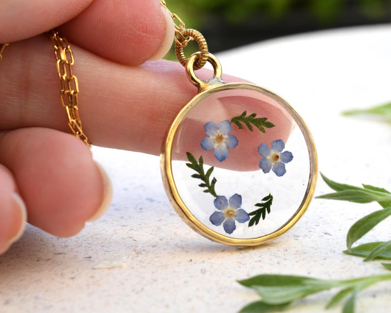Forget Me Not Gold Terrarium Necklace - Real Dried Flower Resin Necklace - Pressed Forget Me Not Jewelry - Remembrance Necklace