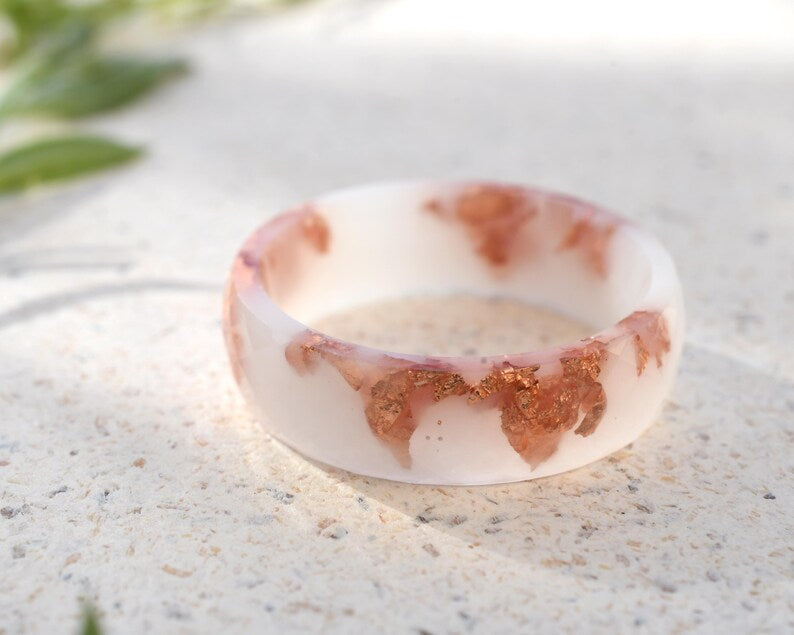 White Resin Ring with Rose Gold Leaf - Stacking Ring Band - Rose Gold Leaf Resin Jewelry