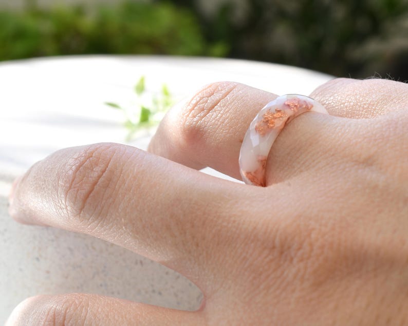 White Resin Ring with Rose Gold Leaf - Stacking Ring Band - Rose Gold Leaf Resin Jewelry