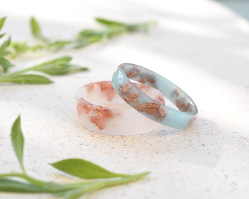 White Resin Ring with Rose Gold Leaf - Stacking Ring Band - Rose Gold Leaf Resin Jewelry