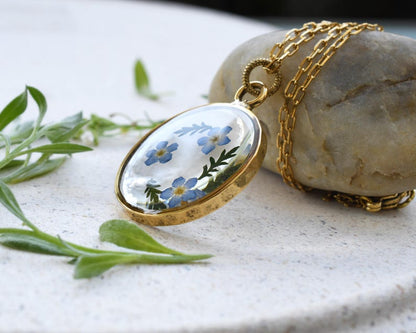 Forget Me Not Gold Terrarium Necklace - Real Dried Flower Resin Necklace - Pressed Forget Me Not Jewelry - Remembrance Necklace