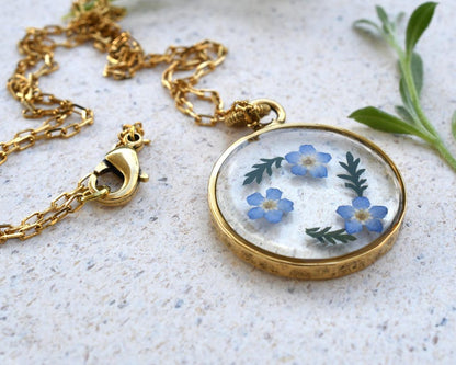 Forget Me Not Gold Terrarium Necklace - Real Dried Flower Resin Necklace - Pressed Forget Me Not Jewelry - Remembrance Necklace