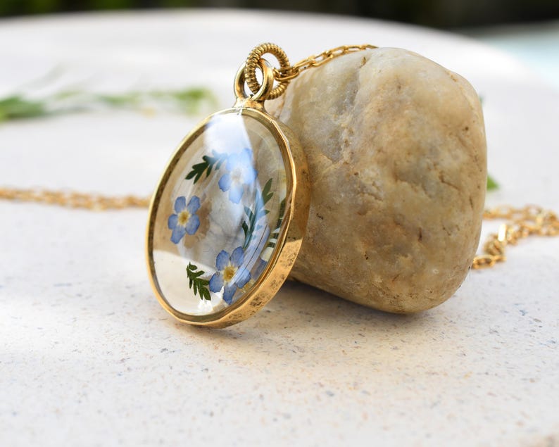 Forget Me Not Gold Terrarium Necklace - Real Dried Flower Resin Necklace - Pressed Forget Me Not Jewelry - Remembrance Necklace