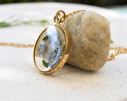 Forget Me Not Gold Terrarium Necklace - Real Dried Flower Resin Necklace - Pressed Forget Me Not Jewelry - Remembrance Necklace