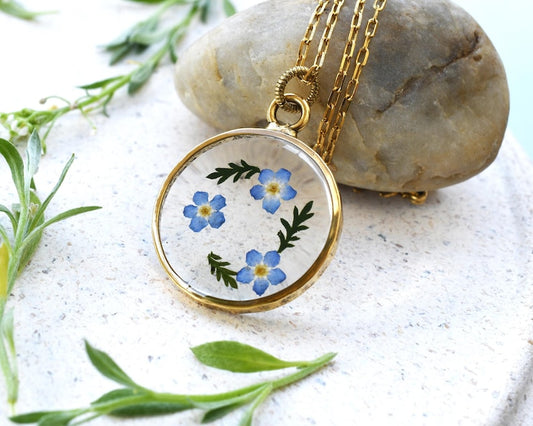 Forget Me Not Gold Terrarium Necklace - Real Dried Flower Resin Necklace - Pressed Forget Me Not Jewelry - Remembrance Necklace