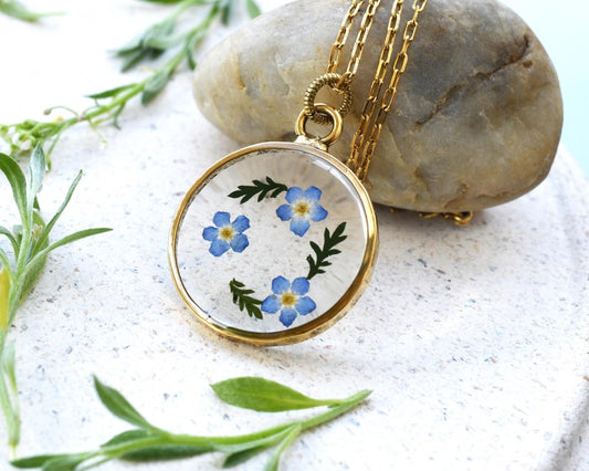Forget Me Not Gold Terrarium Necklace - Real Dried Flower Resin Necklace - Pressed Forget Me Not Jewelry - Remembrance Necklace