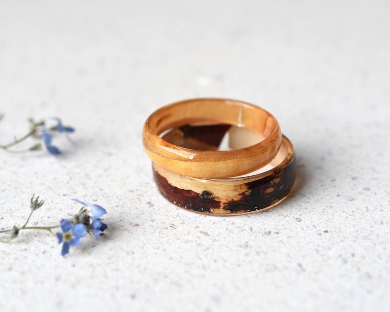 Birch Wood Resin Ring – Smooth 4mm or 6mm Band, Natural Wood Jewelry, Handmade Minimalist Ring, Earthy Botanical Resin Band