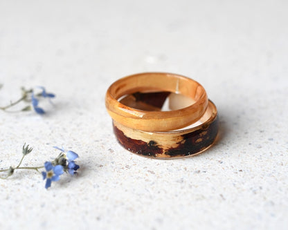 Birch Wood Resin Ring – Smooth 4mm or 6mm Band, Natural Wood Jewelry, Handmade Minimalist Ring, Earthy Botanical Resin Band