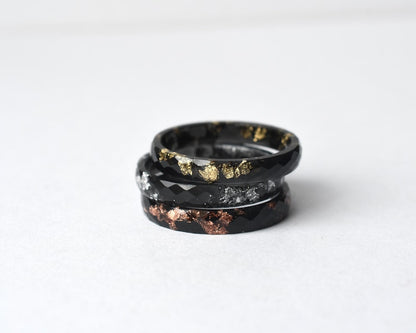 Custom Thin Black Resin Ring – Metallic Leaf in Gold, Silver, or Rose Gold, Stacking Alternative Wedding or Engagement Ring - Ring For Men