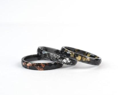 Custom Thin Black Resin Ring – Metallic Leaf in Gold, Silver, or Rose Gold, Stacking Alternative Wedding or Engagement Ring - Ring For Men