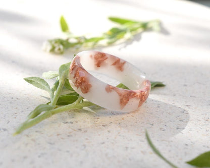 White Resin Ring with Rose Gold Leaf - Stacking Ring Band - Rose Gold Leaf Resin Jewelry