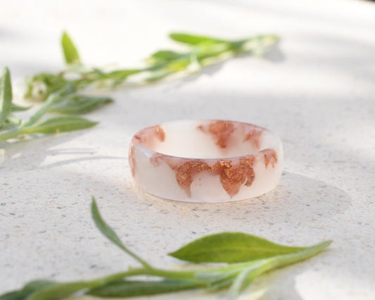 White Resin Ring with Rose Gold Leaf - Stacking Ring Band - Rose Gold Leaf Resin Jewelry