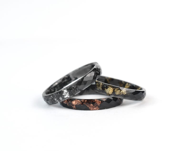 Custom Thin Black Resin Ring – Metallic Leaf in Gold, Silver, or Rose Gold, Stacking Alternative Wedding or Engagement Ring - Ring For Men