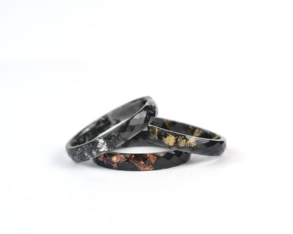 Custom Thin Black Resin Ring – Metallic Leaf in Gold, Silver, or Rose Gold, Stacking Alternative Wedding or Engagement Ring - Ring For Men