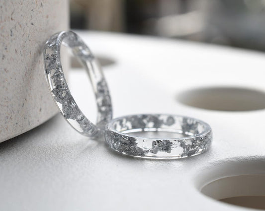 Smooth Silver Leaf Ring in Clear Resin - Wedding Ring Alternative - Hypoallergenic Ring - Thin Stacking Ring