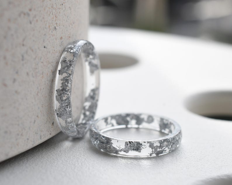 Smooth Silver Leaf Ring in Clear Resin - Wedding Ring Alternative - Hypoallergenic Ring - Thin Stacking Ring