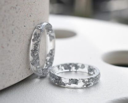 Smooth Silver Leaf Ring in Clear Resin - Wedding Ring Alternative - Hypoallergenic Ring - Thin Stacking Ring