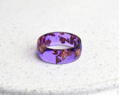 Handmade Smooth Resin Ring with Rose Gold Leaf in Cosmic Violet – Wide 8 mm Statement Band | Alternative Jewelry Gift