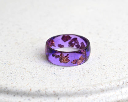 Handmade Smooth Resin Ring with Rose Gold Leaf in Cosmic Violet – Wide 8 mm Statement Band | Alternative Jewelry Gift
