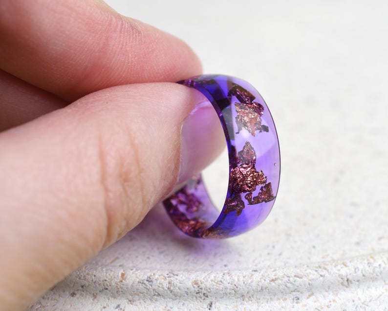 Handmade Smooth Resin Ring with Rose Gold Leaf in Cosmic Violet – Wide 8 mm Statement Band | Alternative Jewelry Gift