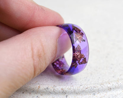 Handmade Smooth Resin Ring with Rose Gold Leaf in Cosmic Violet – Wide 8 mm Statement Band | Alternative Jewelry Gift