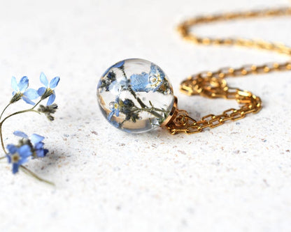 Forget-Me-Not Bridesmaid Necklace | Real Flower Pendant in Resin | Wedding Party Gift