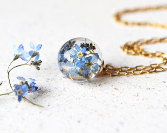 Forget-Me-Not Bridesmaid Necklace | Real Flower Pendant in Resin | Wedding Party Gift