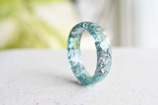 Aquamarine Resin Ring | March Birthstone Alternative | Silver Leaf | Handmade Stackable Ring | Gift for Her