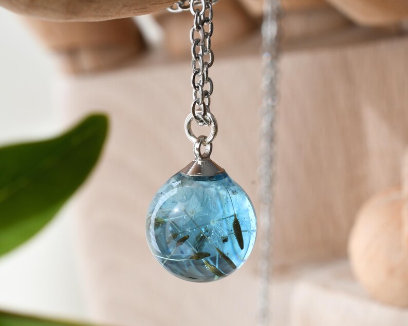 Make a Wish Dandelion Seed Necklace – Aqua Blue Resin Pendant – Dreamy Manifestation Gift