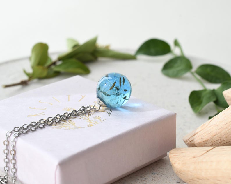 Make a Wish Dandelion Seed Necklace – Aqua Blue Resin Pendant – Dreamy Manifestation Gift