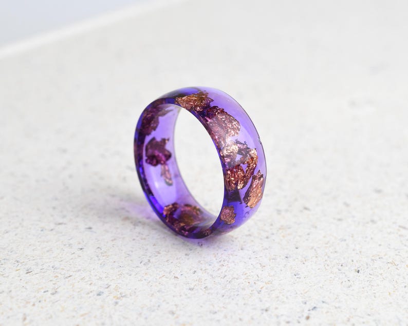 Handmade Smooth Resin Ring with Rose Gold Leaf in Cosmic Violet – Wide 8 mm Statement Band | Alternative Jewelry Gift