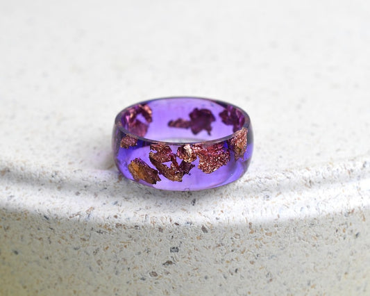 Handmade Smooth Resin Ring with Rose Gold Leaf in Cosmic Violet – Wide 8 mm Statement Band | Alternative Jewelry Gift