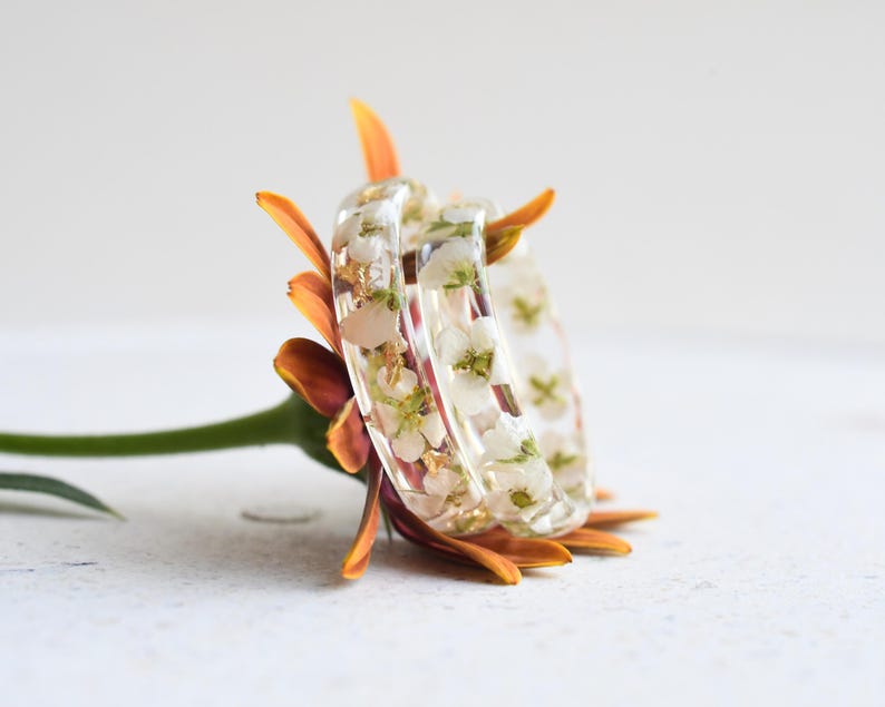 Purity Ring | Real Flower Engagement Ring | White Alyssum Resin Band | Minimalist Botanical Jewelry | Optional Gold Leaf