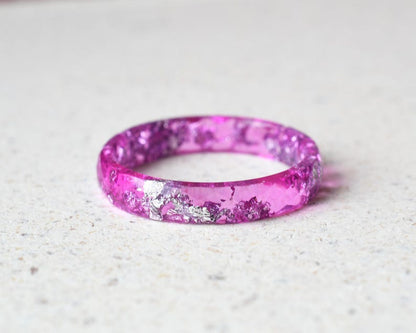 Faceted Pink Sapphire Resin Ring with Silver Leaf – 4 mm Thin Band | Alternative Jewelry Gift