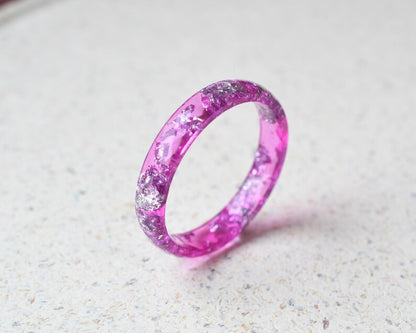 Faceted Pink Sapphire Resin Ring with Silver Leaf – 4 mm Thin Band | Alternative Jewelry Gift