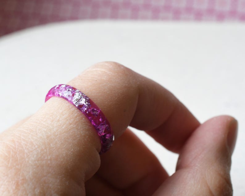 Faceted Pink Sapphire Resin Ring with Silver Leaf – 4 mm Thin Band | Alternative Jewelry Gift