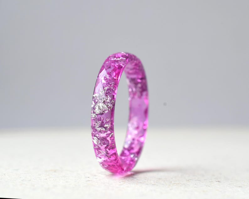 Faceted Pink Sapphire Resin Ring with Silver Leaf – 4 mm Thin Band | Alternative Jewelry Gift