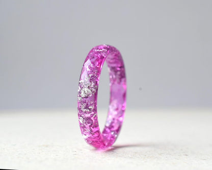 Faceted Pink Sapphire Resin Ring with Silver Leaf – 4 mm Thin Band | Alternative Jewelry Gift