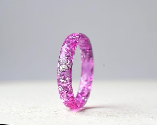 Faceted Pink Sapphire Resin Ring with Silver Leaf – 4 mm Thin Band | Alternative Jewelry Gift