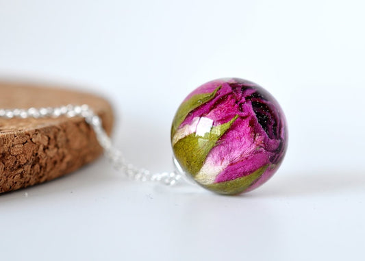 Purple Rose Necklace | Bridesmaid Gift | Real Rosebud in Resin | Wedding Jewelry | Handmade Flower Pendant