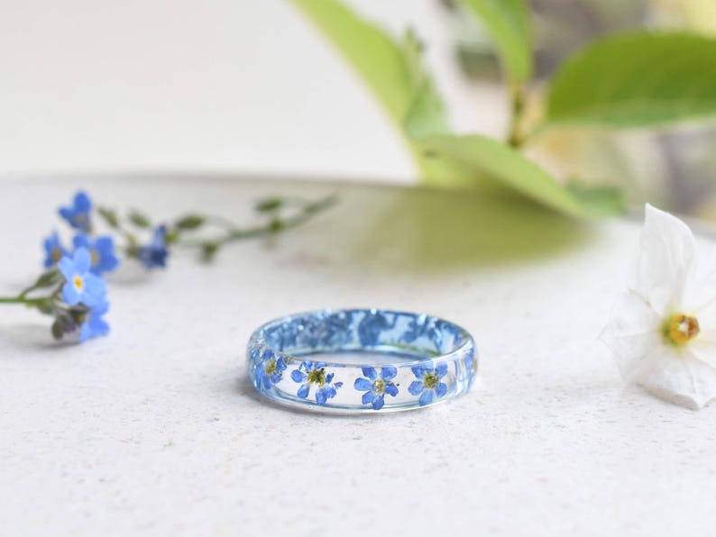 Best Friend Distance Ring | Half Forget‑Me‑Not Half Aquamarine | You & Me Resin Band | Silver Flakes | Meaningful Gift