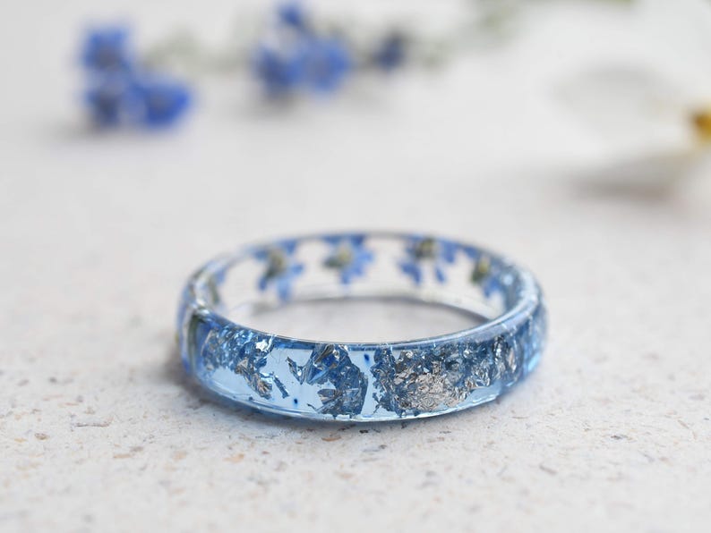 Best Friend Distance Ring | Half Forget‑Me‑Not Half Aquamarine | You & Me Resin Band | Silver Flakes | Meaningful Gift