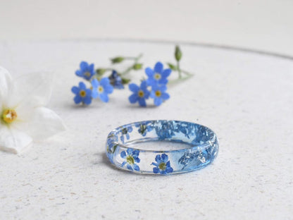 Memorial Forget‑Me‑Not Ring | Half Aquamarine Calm Resin | Silver Flakes | Remembrance Jewelry Gift | Handmade