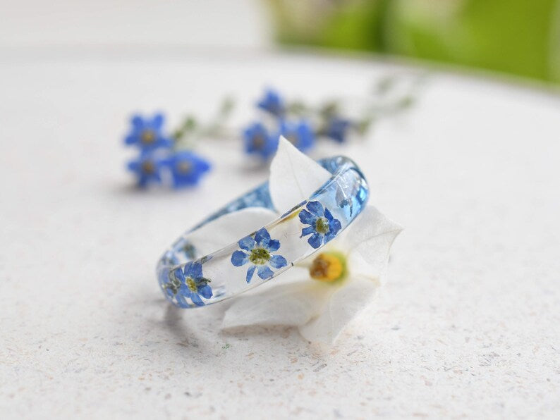 Best Friend Distance Ring | Half Forget‑Me‑Not Half Aquamarine | You & Me Resin Band | Silver Flakes | Meaningful Gift