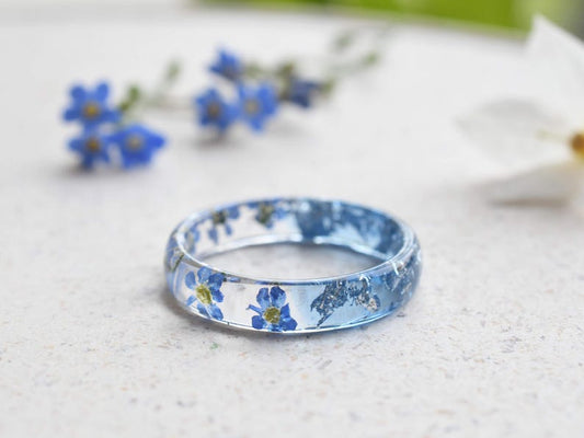 Best Friend Distance Ring | Half Forget‑Me‑Not Half Aquamarine | You & Me Resin Band | Silver Flakes | Meaningful Gift