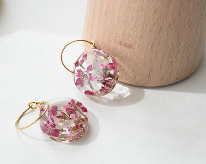 Heather Flower Hoop Earrings – Real Dried Flowers – Gold Hoop Dangle – Botanical Nature Jewelry – Gift for Her